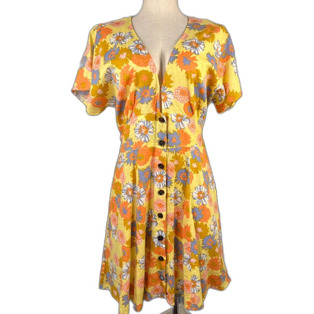 Marine Layer Camila Mini Dress Medium Hemp Yellow Vintage Floral Button Front